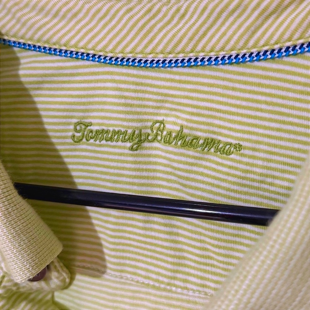 Tommy Bahama Mens XL Polo Shirt Lime Green White Striped Cotton Short Sleeve - Picture 5 of 5